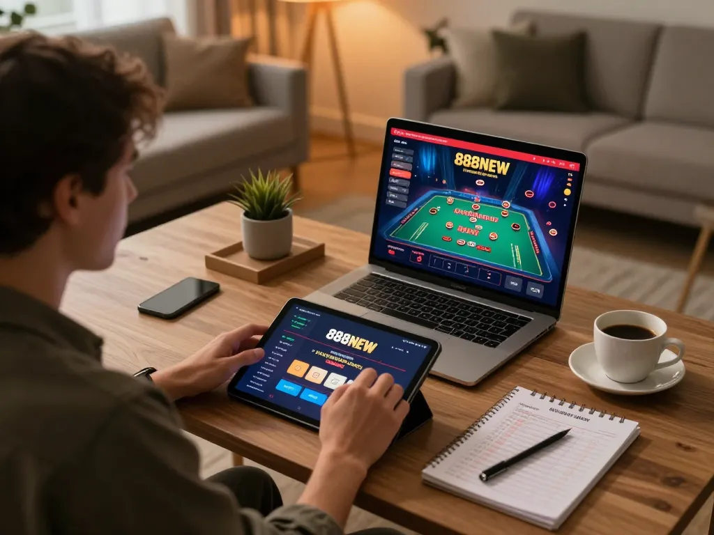 Player engaging with the 888NEW casino app on a tablet in a cozy home setting, promoting responsible gaming.