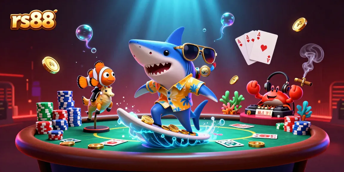 Experience the vibrant rs88 casino atmosphere with a shark surfing gold coins, adding fun to your game.