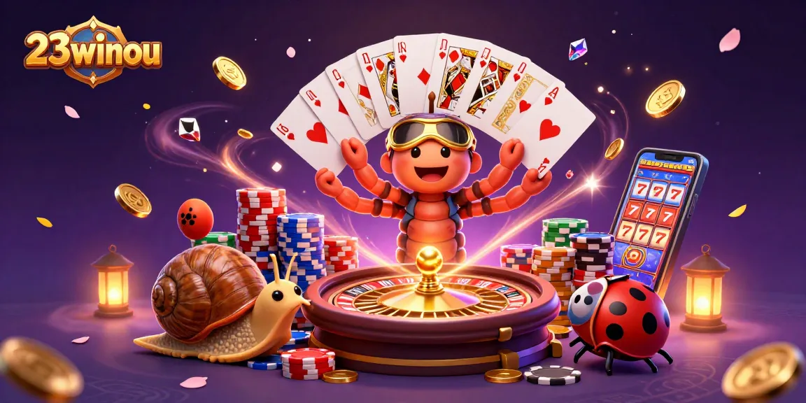 Engage with the vibrant world of 23winou as a cartoon millipede dealer plays cards amidst golden coins and thrilling casino elements.