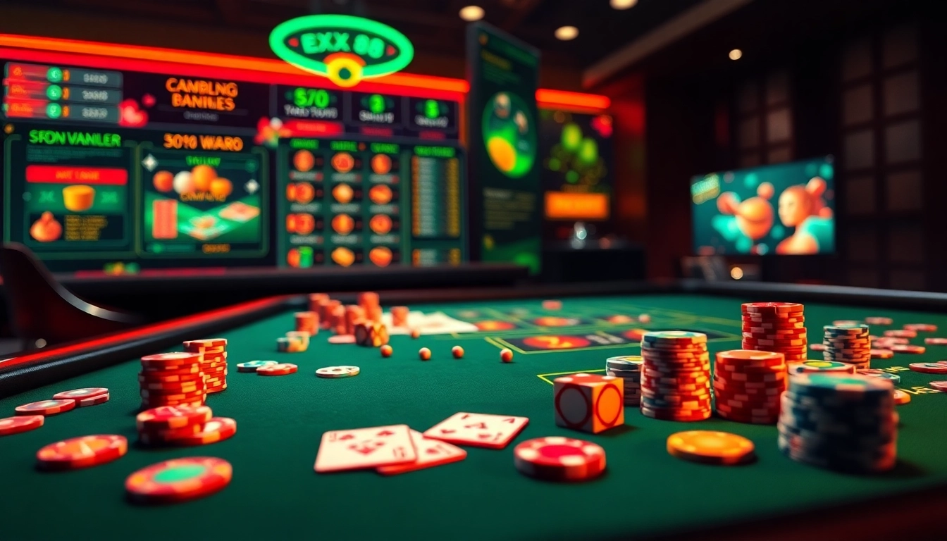 Experience immersive gaming at https://xx88.promo/ with a casino table filled with colorful chips and cards.