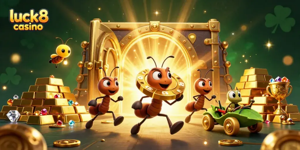 Experience luck8 casino with a vibrant heist scene featuring cartoon ants, golden chips, and treasure