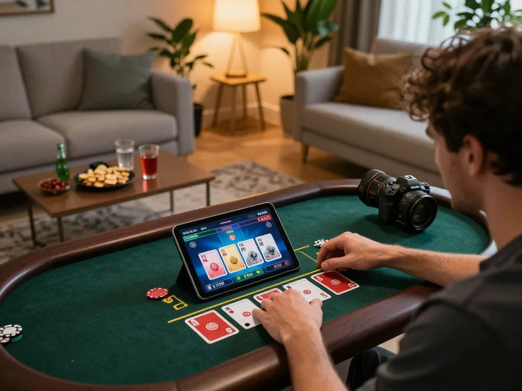 Player enjoying W88 live dealer game on tablet, showcasing engaging casino atmosphere and strategic gameplay.