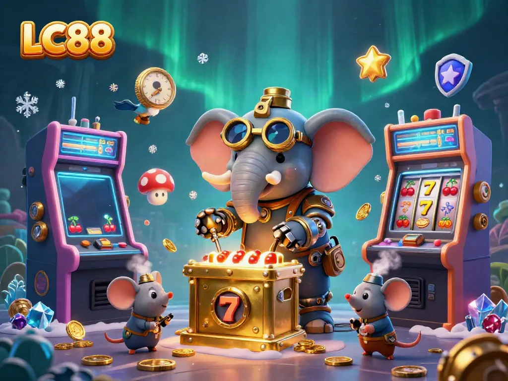 Spin the golden slot machine with LC88 as the steampunk elephant engineer brings luck and excitement.