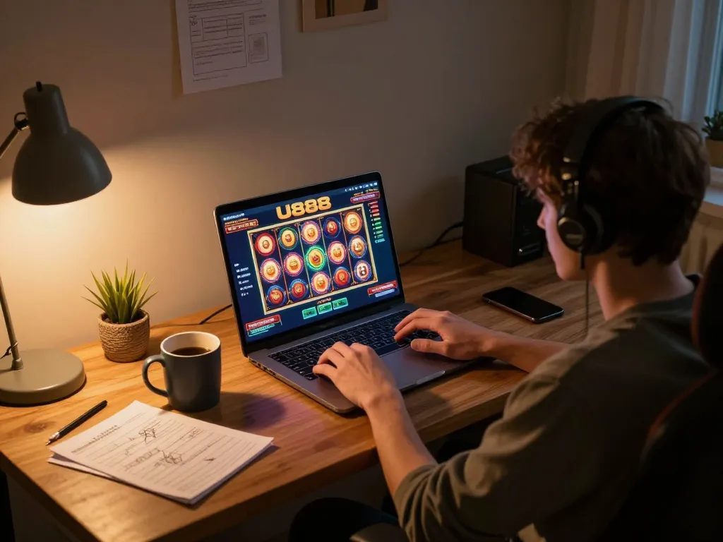 Engaged player using U888 casino platform on laptop in a cozy home office setting, surrounded by personal items.