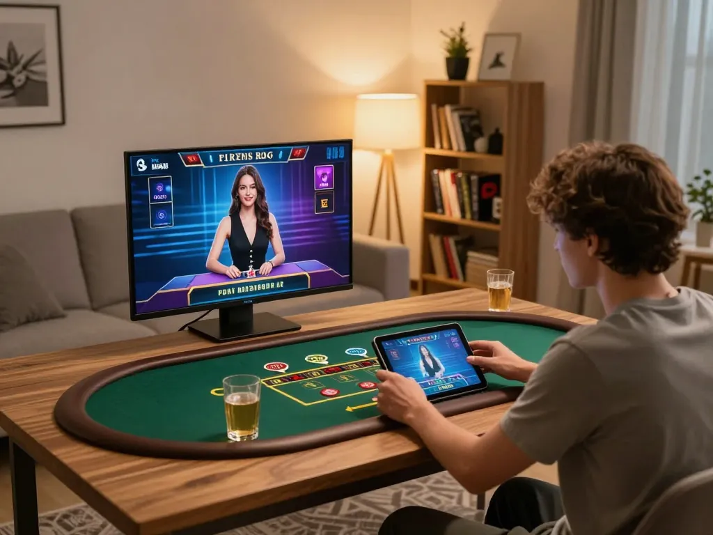 Kuwin user enjoying live dealer game on tablet at home, showcasing engaging online gambling experience.