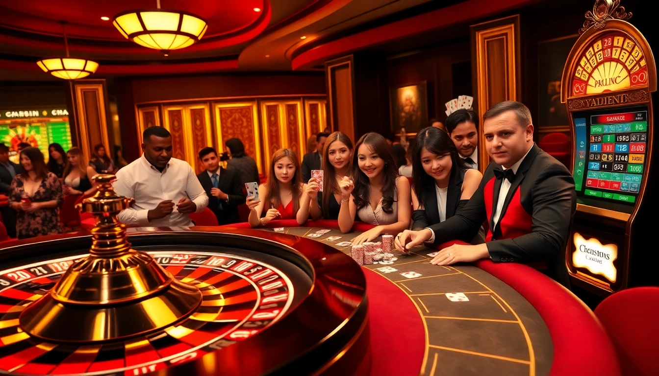 Exciting gaming scene at http://go88hv.com/ showcasing a roulette wheel and engaged players at a poker table.