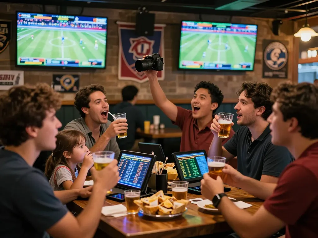 Enjoying live sports betting at a bar, fans engaged with real-time odds on their smartphones at 789winh.