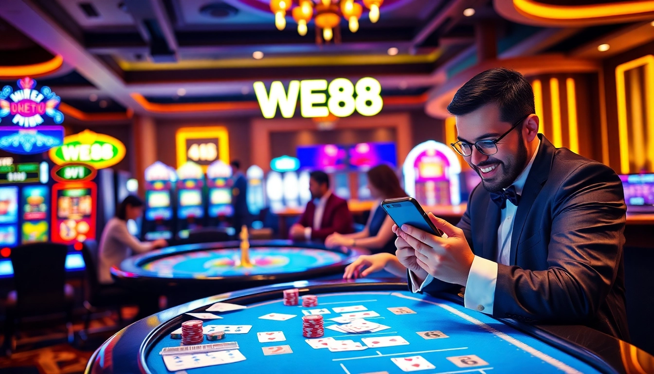 Experience the excitement at WE88 with vibrant slot machines and elegant casino tables.