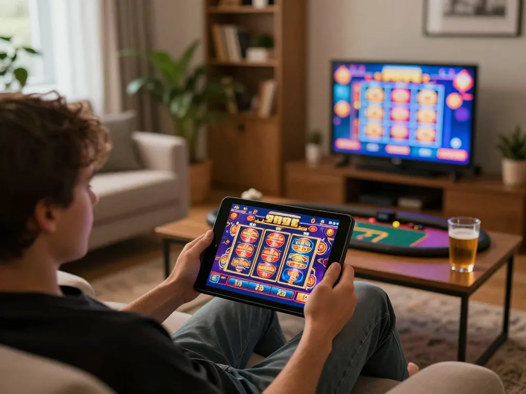 Player engaging in online casino gaming at 999E on a tablet, showcasing vibrant slots interface and cozy home setup