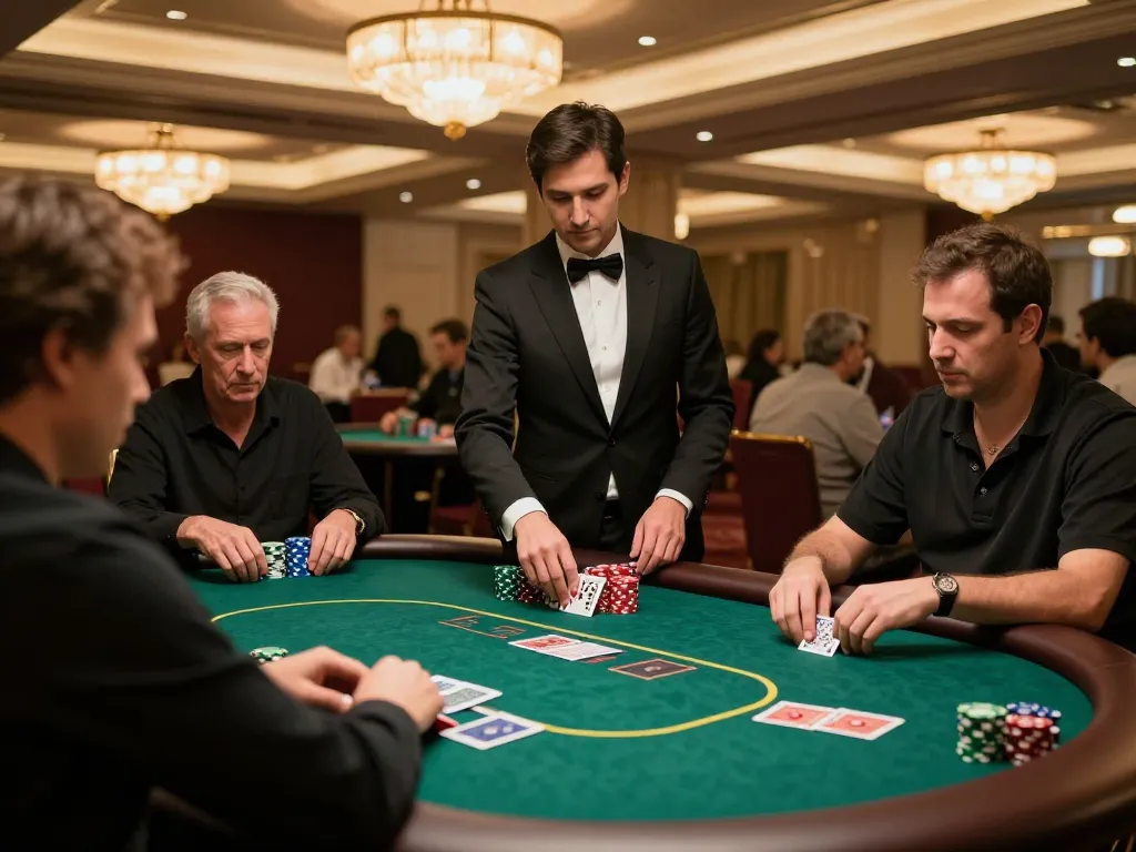 gmnc10 players strategizing at a high-stakes poker table in a luxurious casino setting
