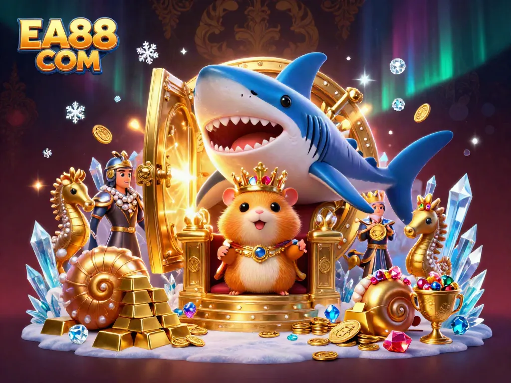 Experience the excitement of EA88 COM with a vibrant casino treasure illustration featuring royal characters and gold.