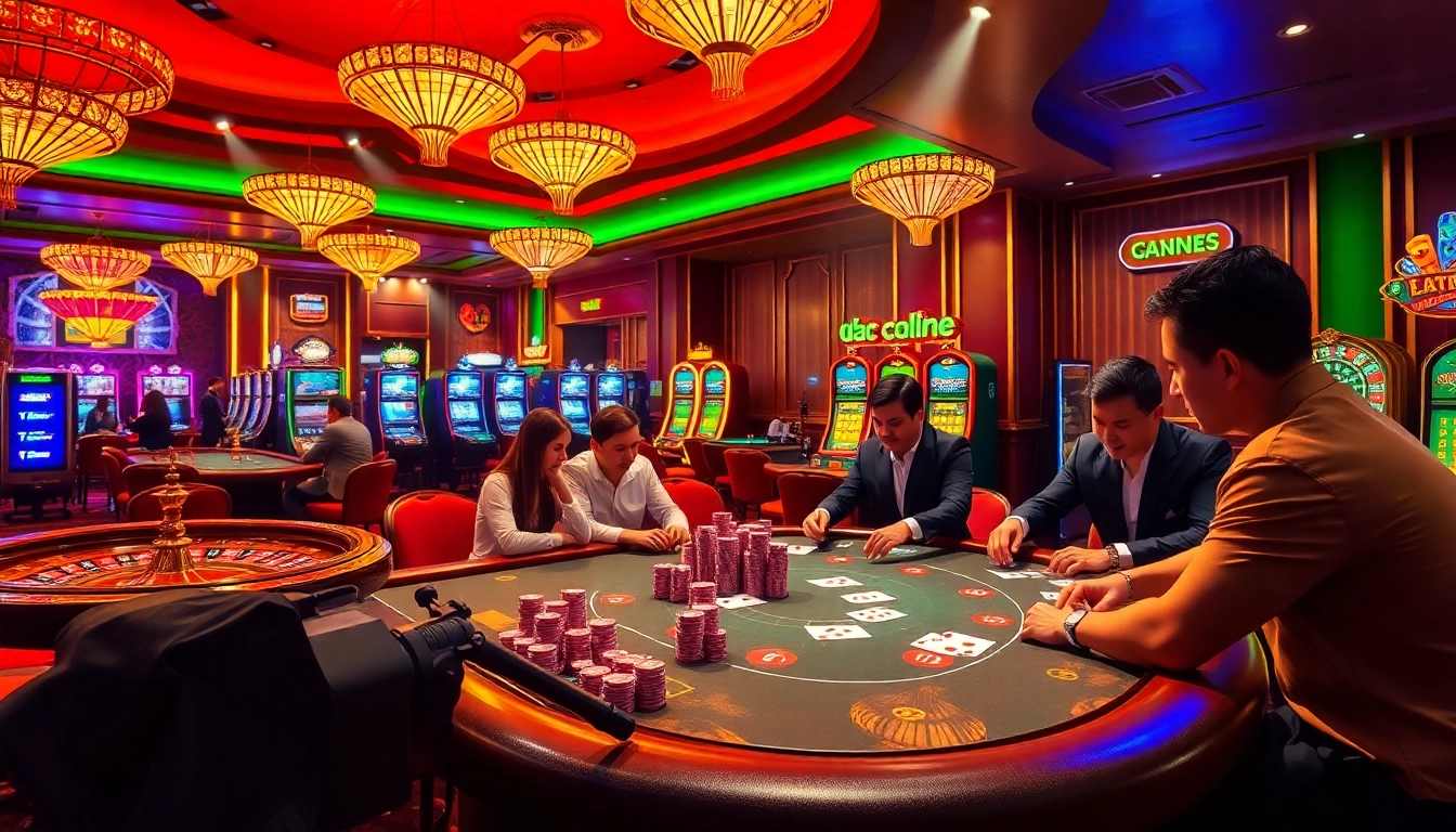 Exciting poker game at https://urr88.com/ with professional dealers and vibrant chips stacked high.