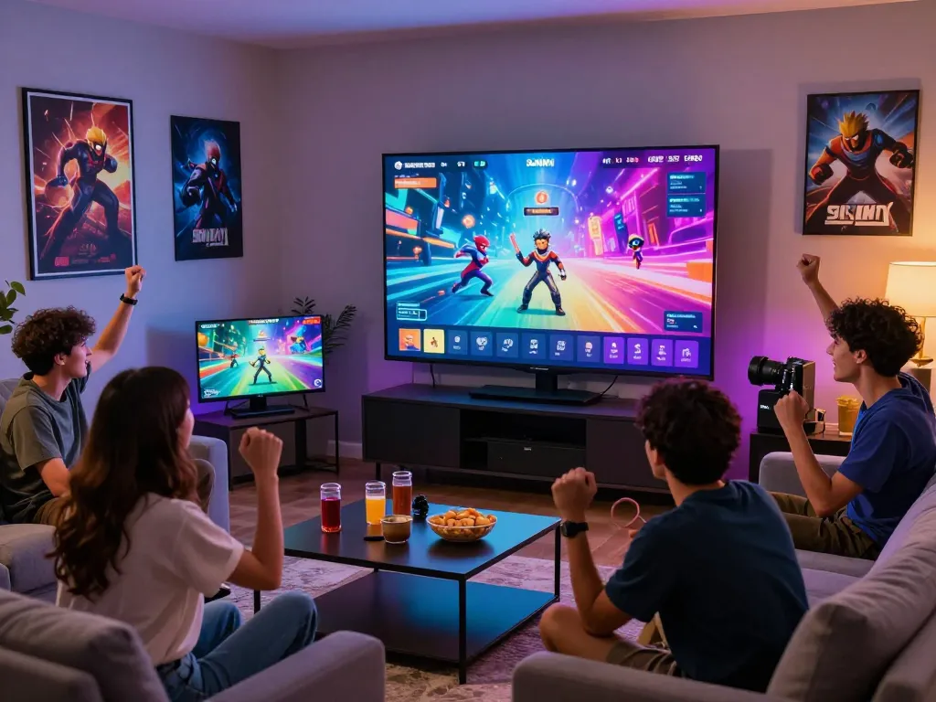 Sun win online gaming community enjoying lively gameplay together with snacks in a cozy living room.