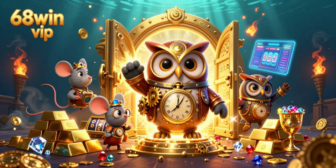 Engage in the thrilling ambiance of 68win vip with colorful slot reels and dazzling treasures in a vibrant casino scene.