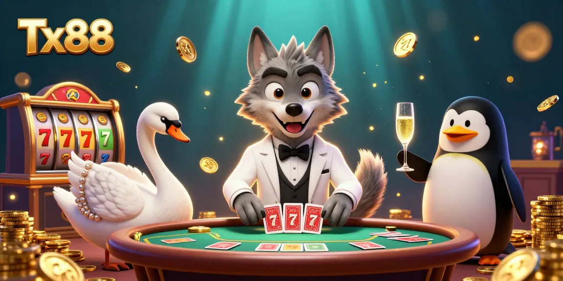 Experience thrilling action at Tx88 as the wolf, swan, and penguin engage in a vibrant casino atmosphere.