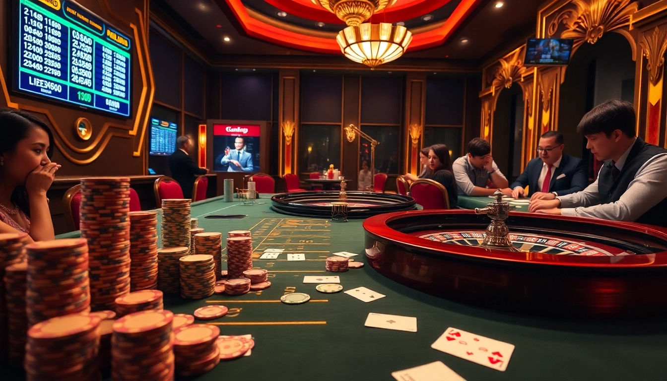 Experience high-stakes action at km1888b with players at a vibrant casino table and roulette wheel.