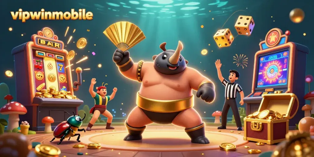 Experience the thrill of gaming with vipwinmobile as a rhinoceros beetle sumo champion and rich casino elements surround them.