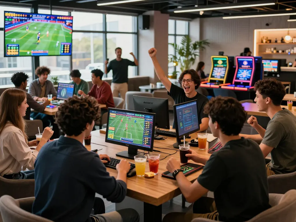 Exciting BK8 sports betting scene showing diverse friends engaging with live events and vibrant casino atmosphere.