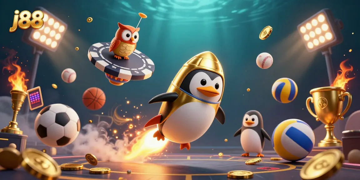 Capture the excitement of j88 gaming with a golden penguin and casino adventure!