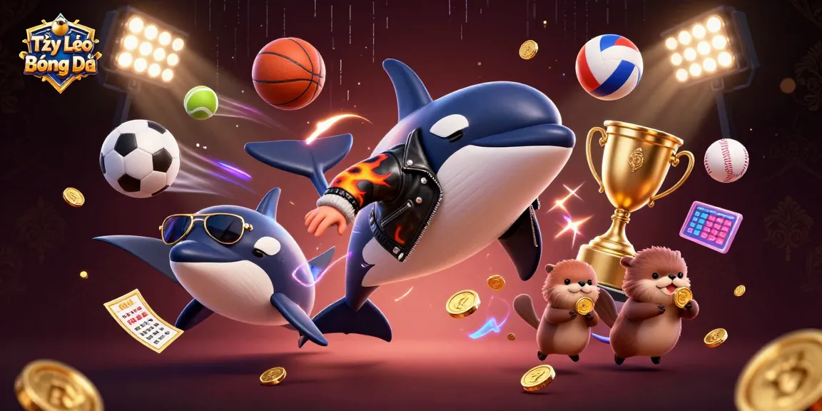 Tỷ Lệ Kèo Bóng Đá showcases an orca, stingray, and otters celebrating with sports elements and betting excitement.