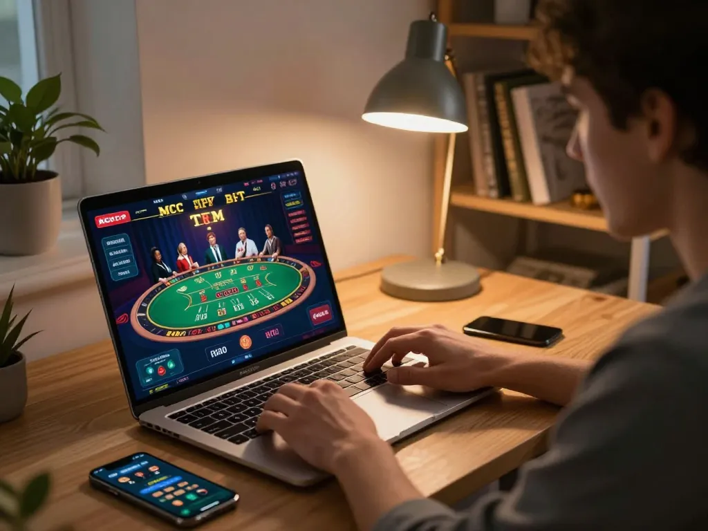 K8CC player engaging in live blackjack from a modern home office setup, showcasing online gaming excitement.