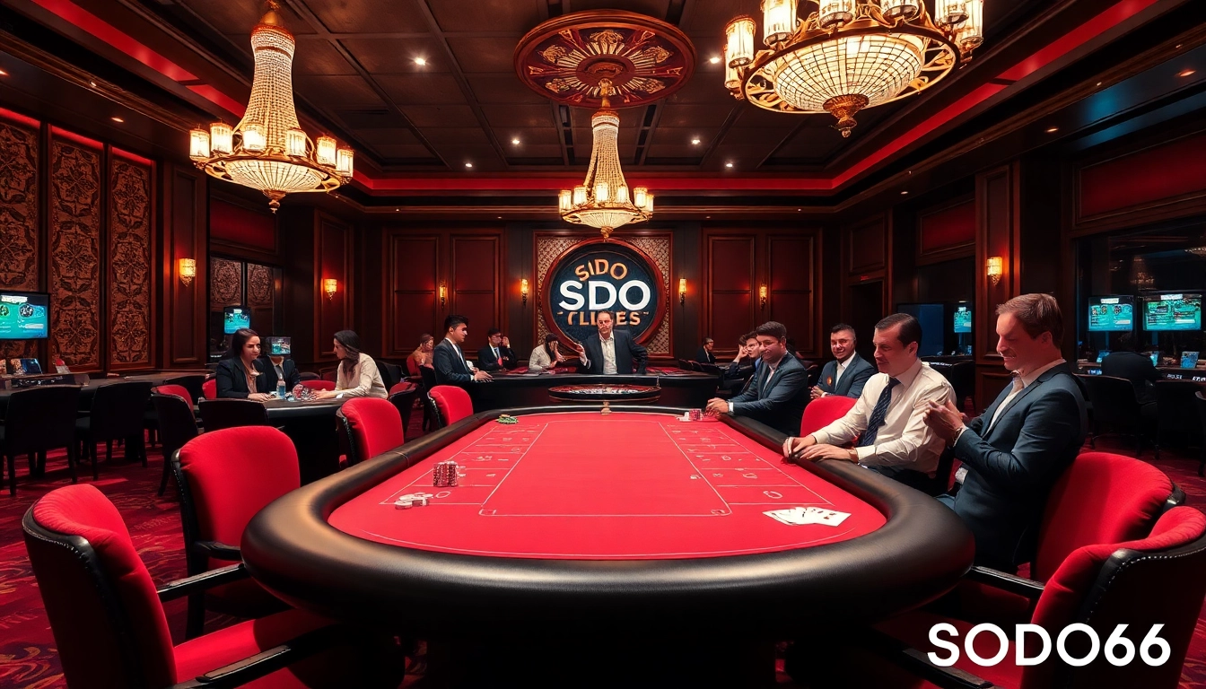 Engaged players enjoying a luxurious SODO66 poker experience in a vibrant casino setting.