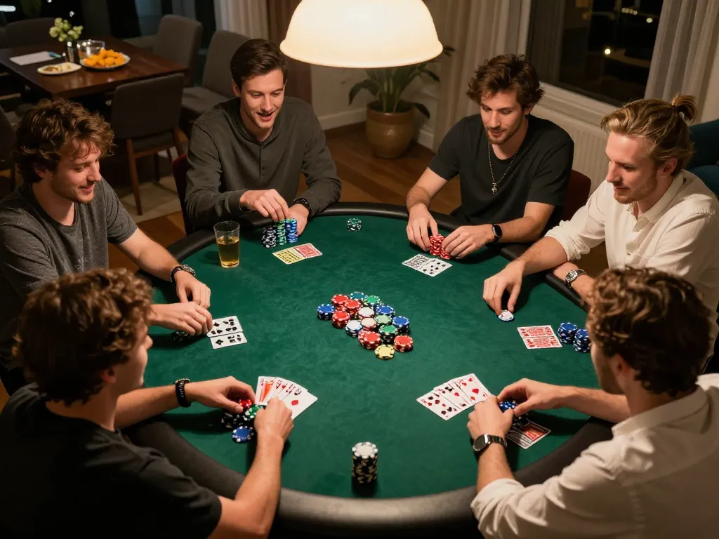 Players engaging in a thrilling poker game at home, showcasing strategic elements with 79king-vn atmosphere.