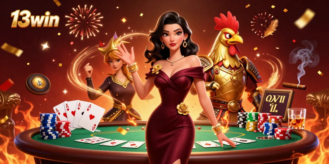 Bet on 13win with a glamorous setting, featuring poker elements and exciting casino action.
