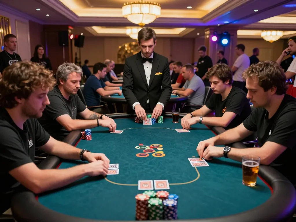Join the action at an upscale poker tournament, featuring strategic gameplay and intense focus with link mb66.