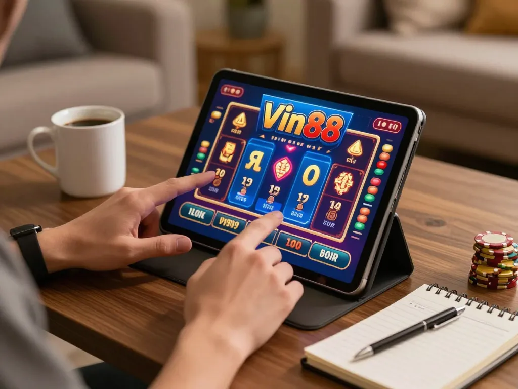 Engaging in Vin88 casino gameplay on a tablet in a cozy home environment.
