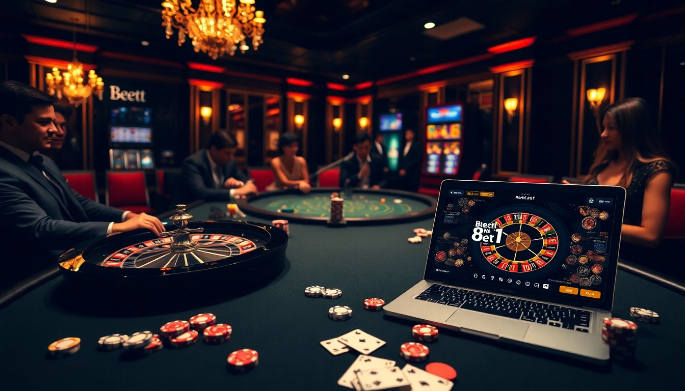 Exciting casino gameplay featuring 8kbet1 logo, luxurious roulette and poker table setup.