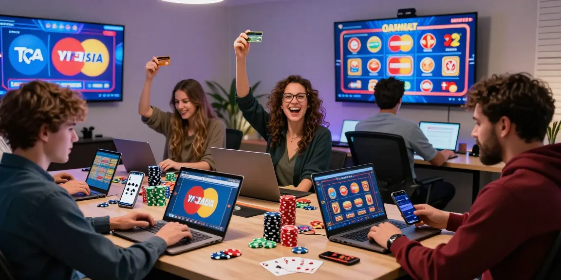Engaged players exploring the best credit card casinos at https://transact.org.uk, enjoying gameplay with laptops and mobile devices.