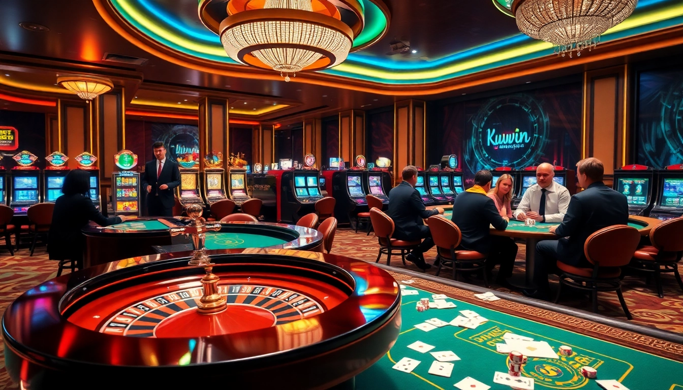 Players enjoying a thrilling poker game at kuwinblog.com casino with vibrant chips and a dealer.