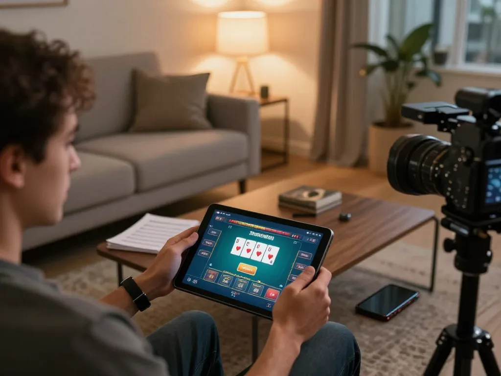 Engaged in kkwin đăng nhập, a player utilizes a tablet for online poker gaming in a cozy setting.