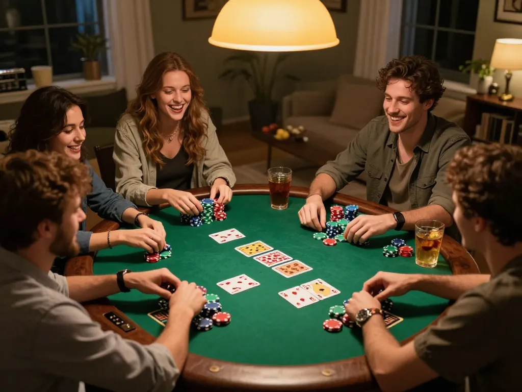 Friends enjoying a poker night showcasing the excitement of social gaming at okfun.