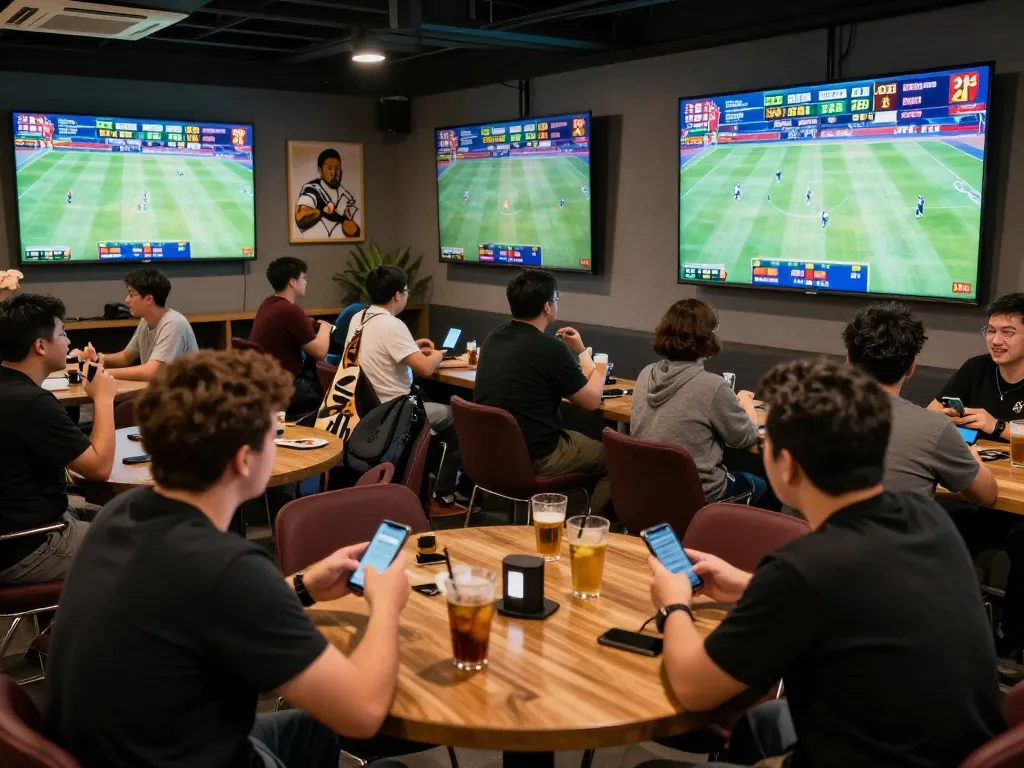Fans engaging in dynamic sports betting strategies with F8BET, using smartphones to place bets, vibrant lounge atmosphere.