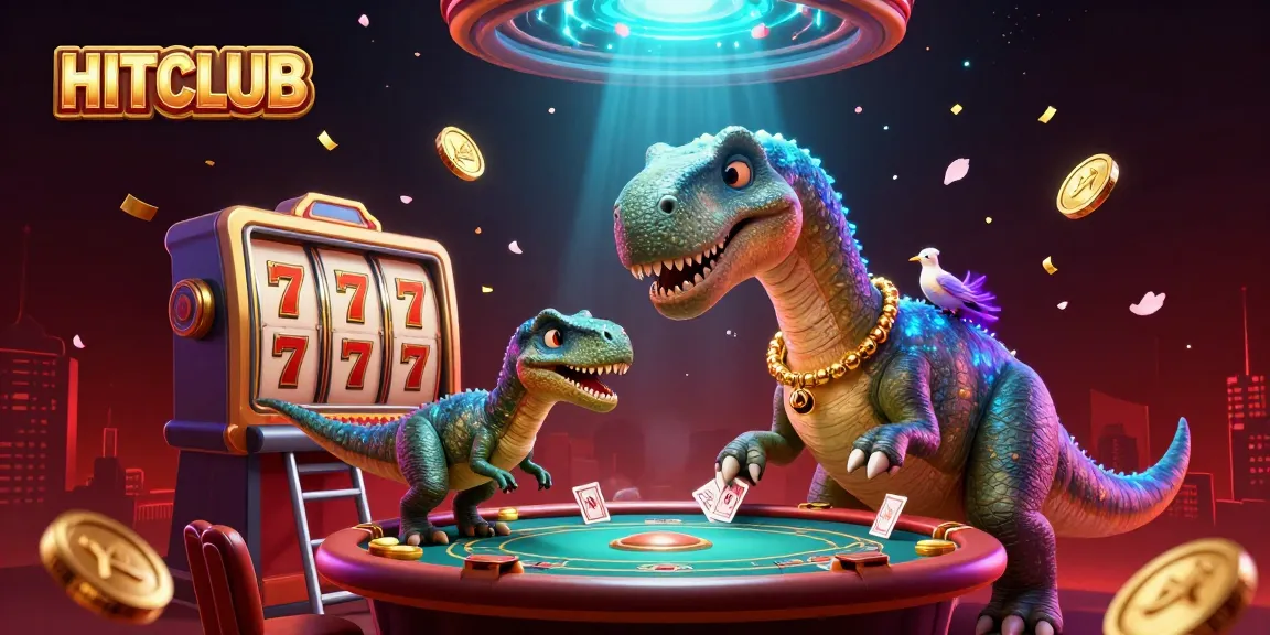 Experience thrilling wins at HITCLUB with giant characters and immersive slot games in a detailed casino scene.