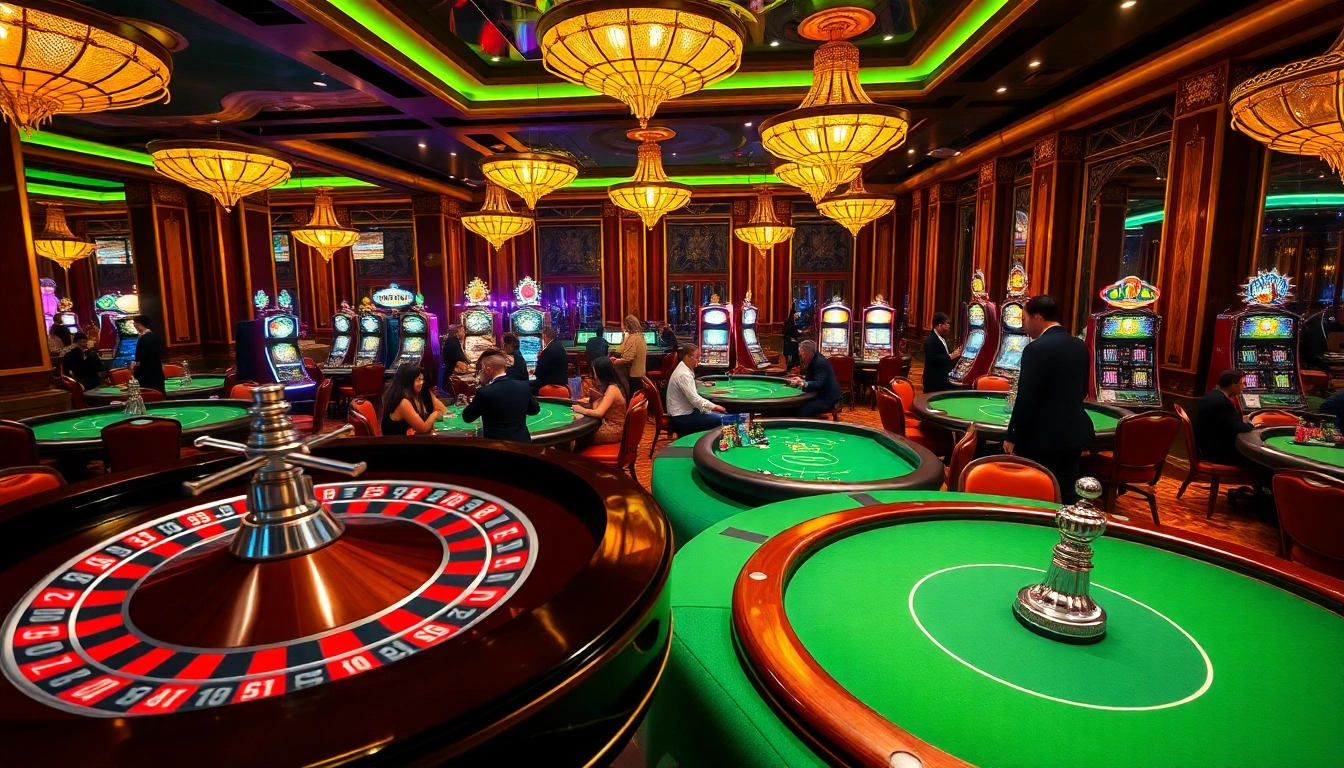 Engaging scene of a luxurious casino floor at https://uu88.bio/, featuring a spinning roulette wheel and vibrant slot machines.