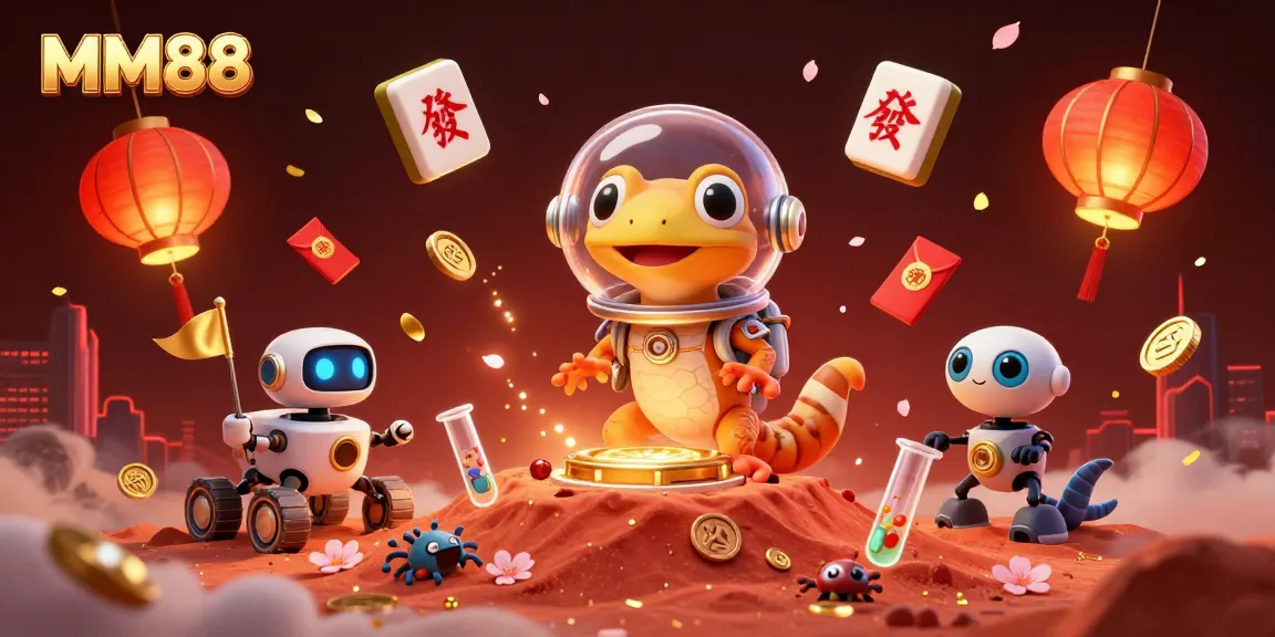 Experience the thrilling MM88 atmosphere with a cartoon Martian gecko discovering a golden casino on Mars.