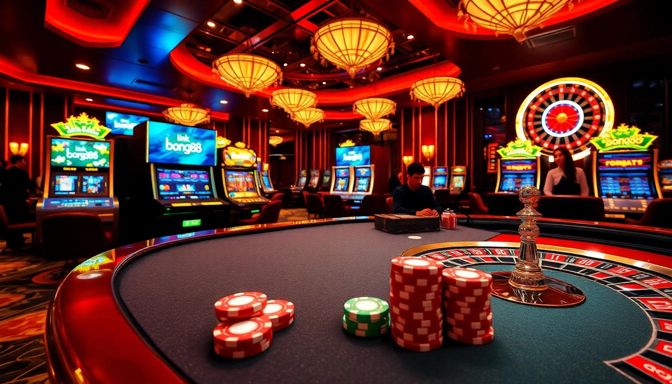 Experience the excitement of gaming with link bong88 featuring roulette and poker tables in a vibrant casino.