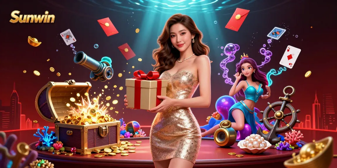 Sunwin offers vibrant casino celebration with golden coins and festive décor in 3D illustration.