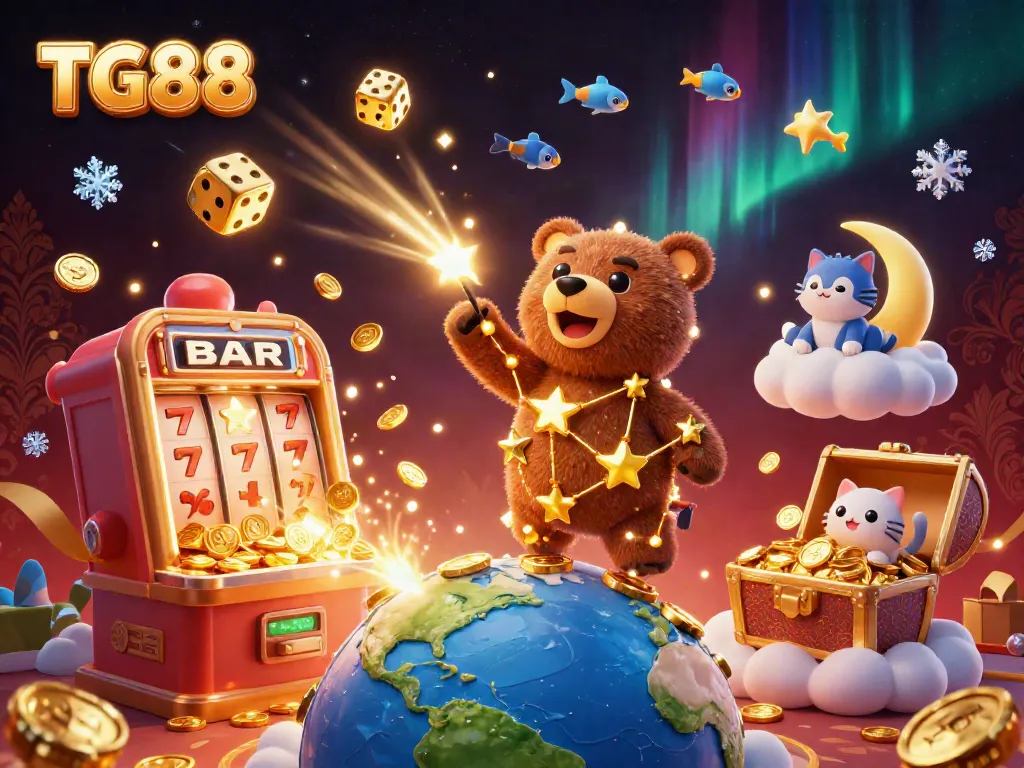 Experience the magical world of TG88 with a constellation bear and casino elements in a vibrant 3D illustration.