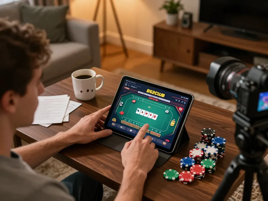 B52Club player interacting with poker app in a cozy home gaming setup.