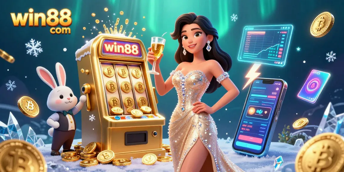 Win88 com celebrates casino excitement with a glamorous woman toasting next to a golden slot machine.