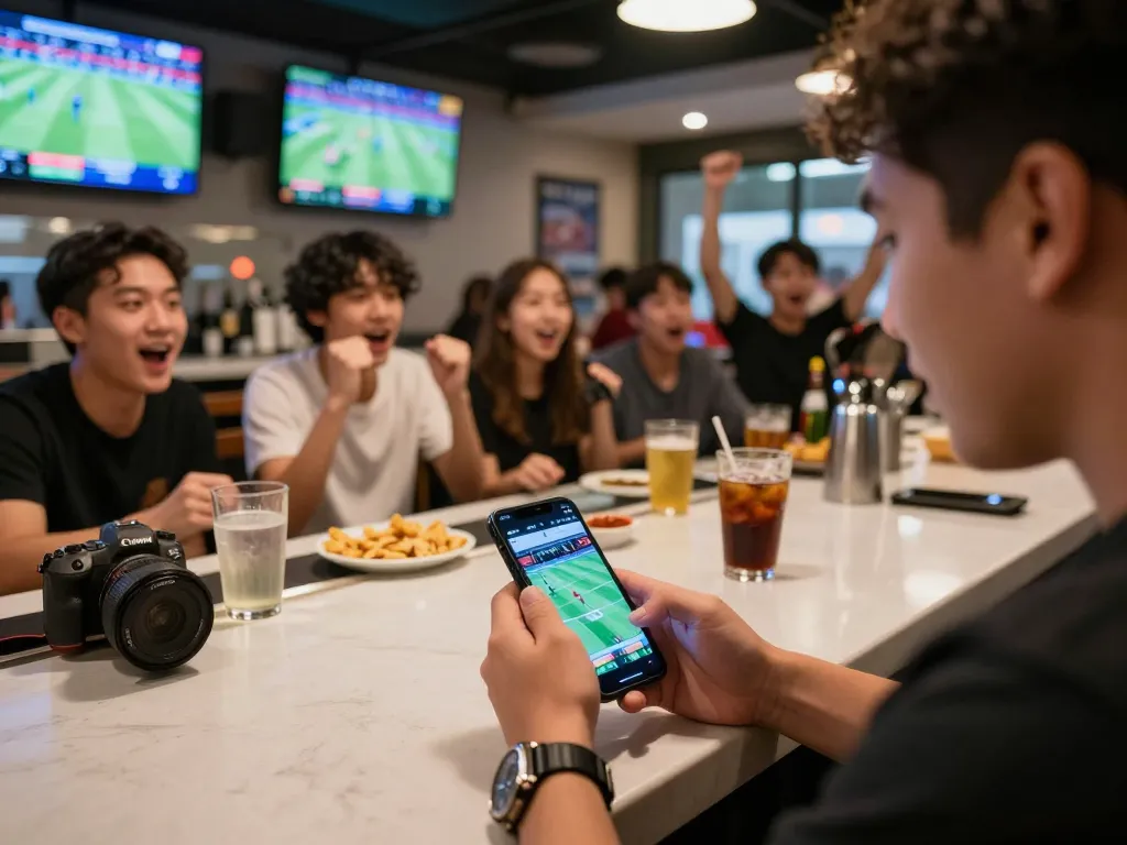 Engaging moment of Vin88 sports betting on a smartphone app amidst friends in a lively bar.