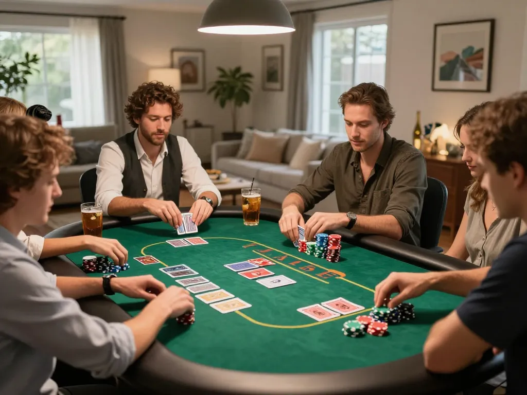 Players enjoying a thrilling game night with QQ88 poker setup, showcasing engaging strategy with cards and chips.