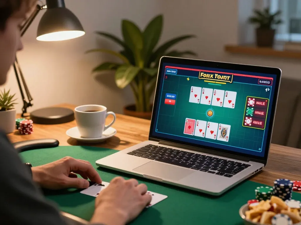 23win poker game in action on a laptop, showcasing strategy and fun in a cozy home setup.