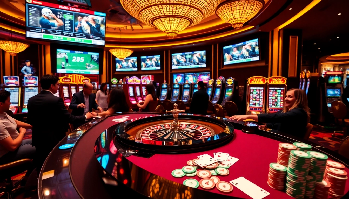 Engaging scene of trực tiếp luongson's online gambling experience with poker chips and a roulette table.