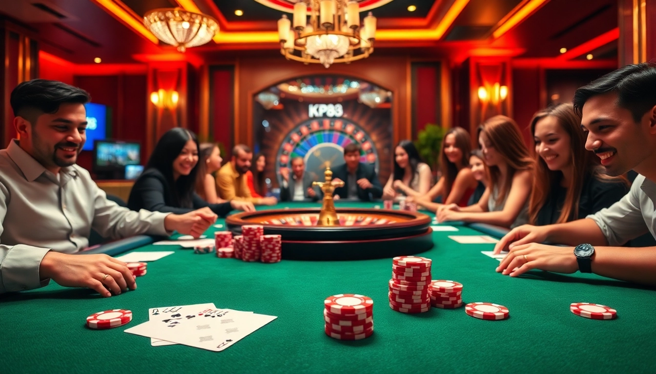 Play poker at KP88 casino with vibrant chips, elegant cards, and an excited atmosphere.