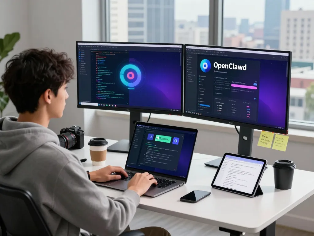 Developer using OpenClawd AI in a modern workspace with dual monitors and collaborative tech tools.